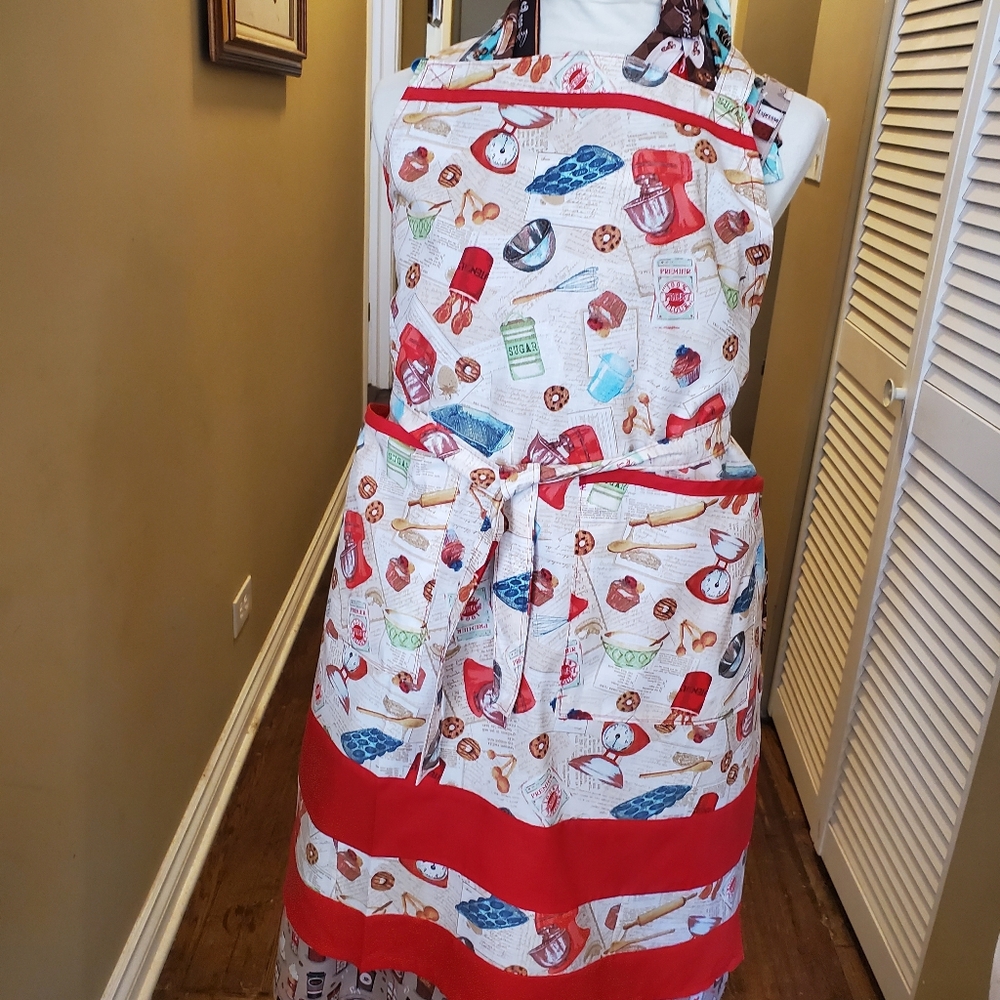 New Cotton Colorful Kitchen Apron with Red Accents Adult Sz Hand Crafted